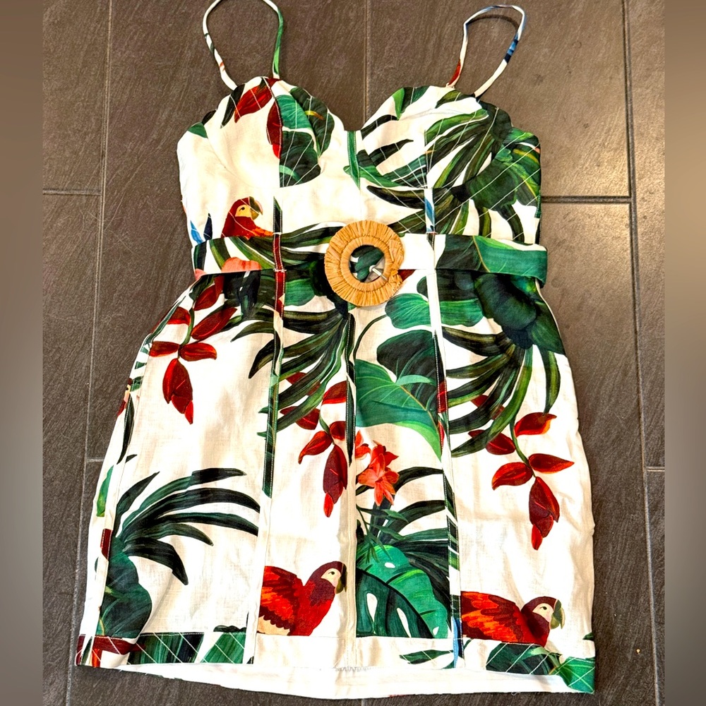 Anthropologie Farm Rio Midnight Macaw Fiesta Linen Blend Sleeveless Mini Dress